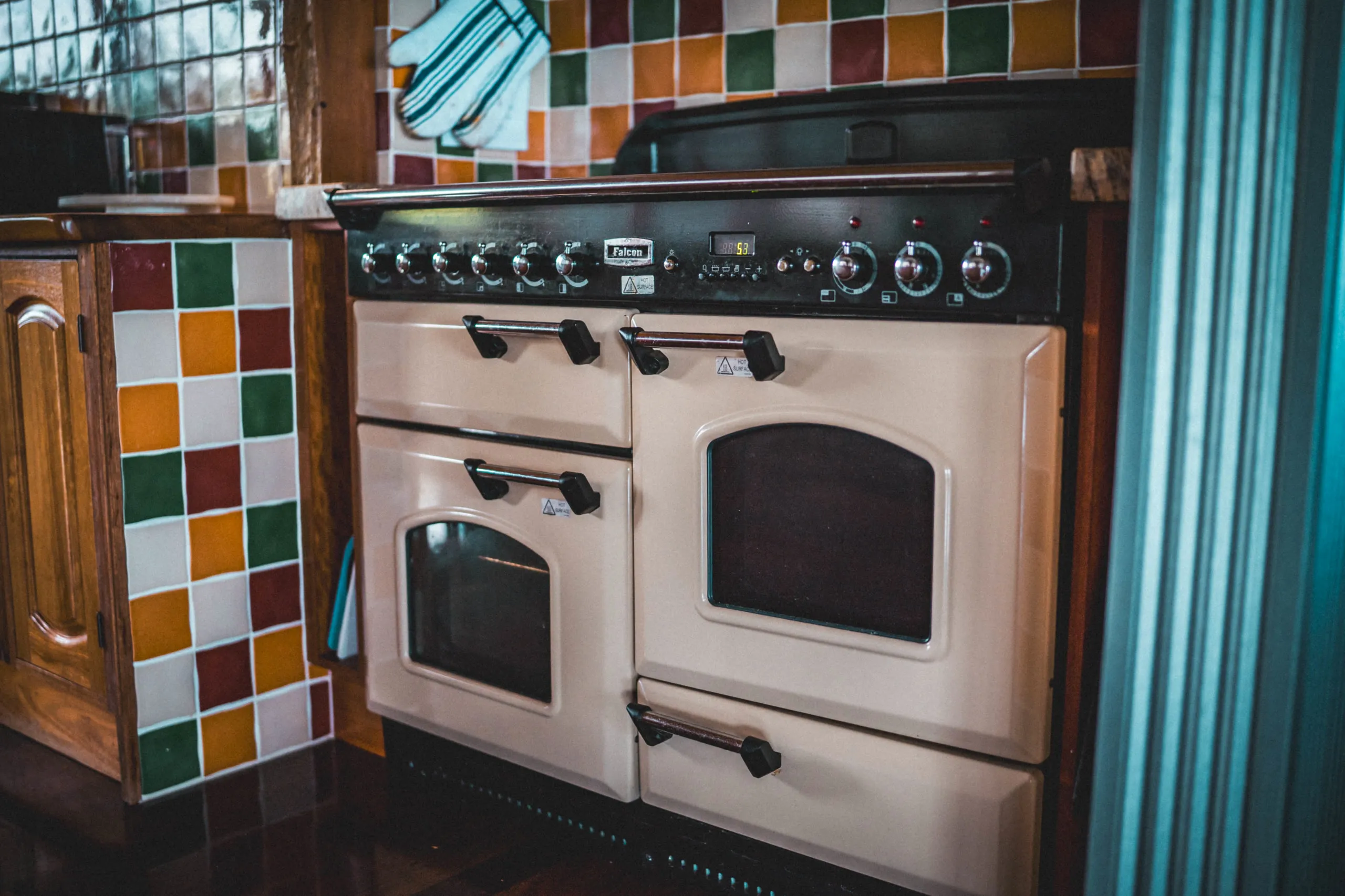 The chef's kitchen in use, Falcon oven and wine fridge in frame